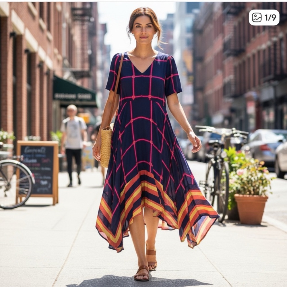 Anthropologie HD in Paris Blue Windowpane Check Handkerchief Hem Maxi Dress